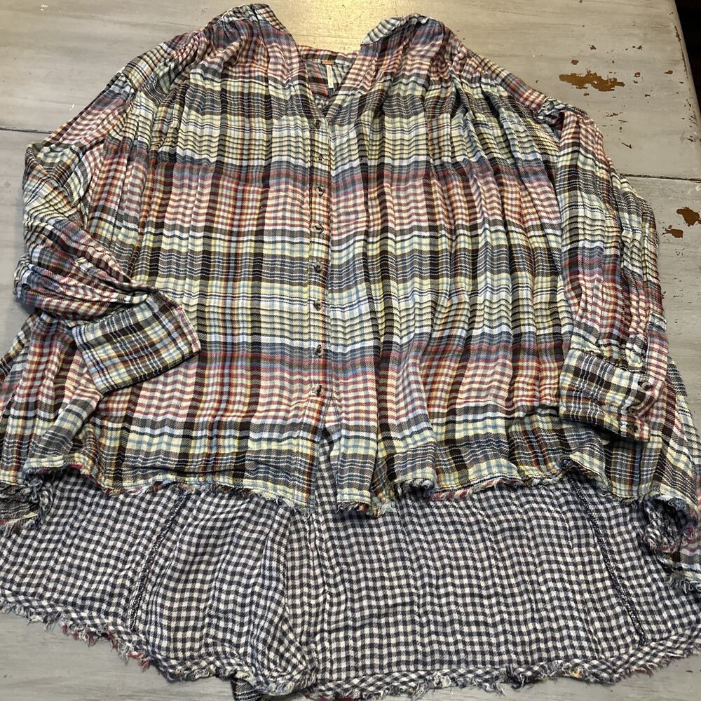 Free People Come On Over Plaid Button Down Swing Shirt Raw Hem Oversized Sz S